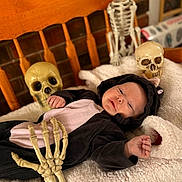 Annabelle joined the competition — help win amazing prizes! baby, baby_clothing, black_clothing, blanket, costume, cute, decor, face, halloween, indoor, infant, lying_down, pink_clothing, props, skeleton, skeleton_hand, skull, smiling, soft_texture, wooden_chair