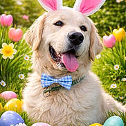 Amaury a rejoint le concours — aidez-le/la à gagner de superbes lots ! dog, golden_retriever, bunny_ears, bowtie, easter_eggs, grass, flowers, daisies, spring, outdoor, sunlight, happy, tongue_out, pet, cute, costume, nature, greenery, playful, holiday