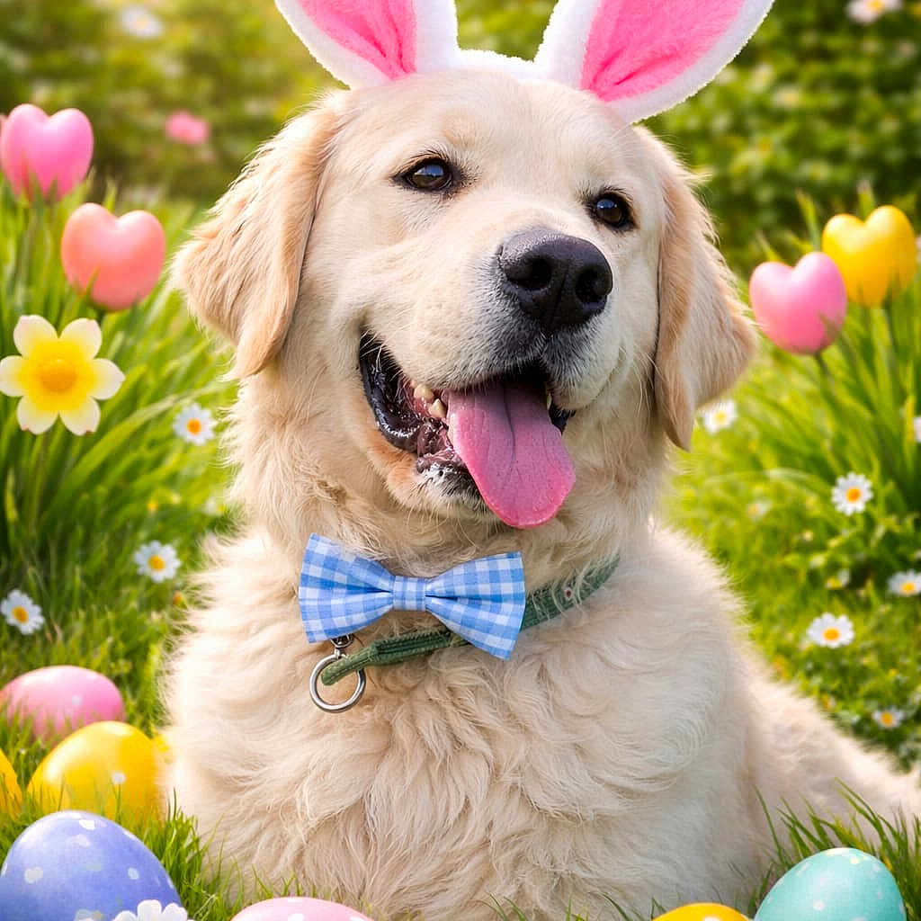 Amaury a rejoint le concours — aidez-le/la à gagner de superbes lots ! dog, golden_retriever, bunny_ears, bowtie, easter_eggs, grass, flowers, daisies, spring, outdoor, sunlight, happy, tongue_out, pet, cute, costume, nature, greenery, playful, holiday