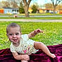 baby, child, infant, outdoor, grass, blanket, smiling, cute, onesie, winnie_the_pooh, playful, portrait, barefoot, happy, young, person, nature, tree, daylight, relaxed