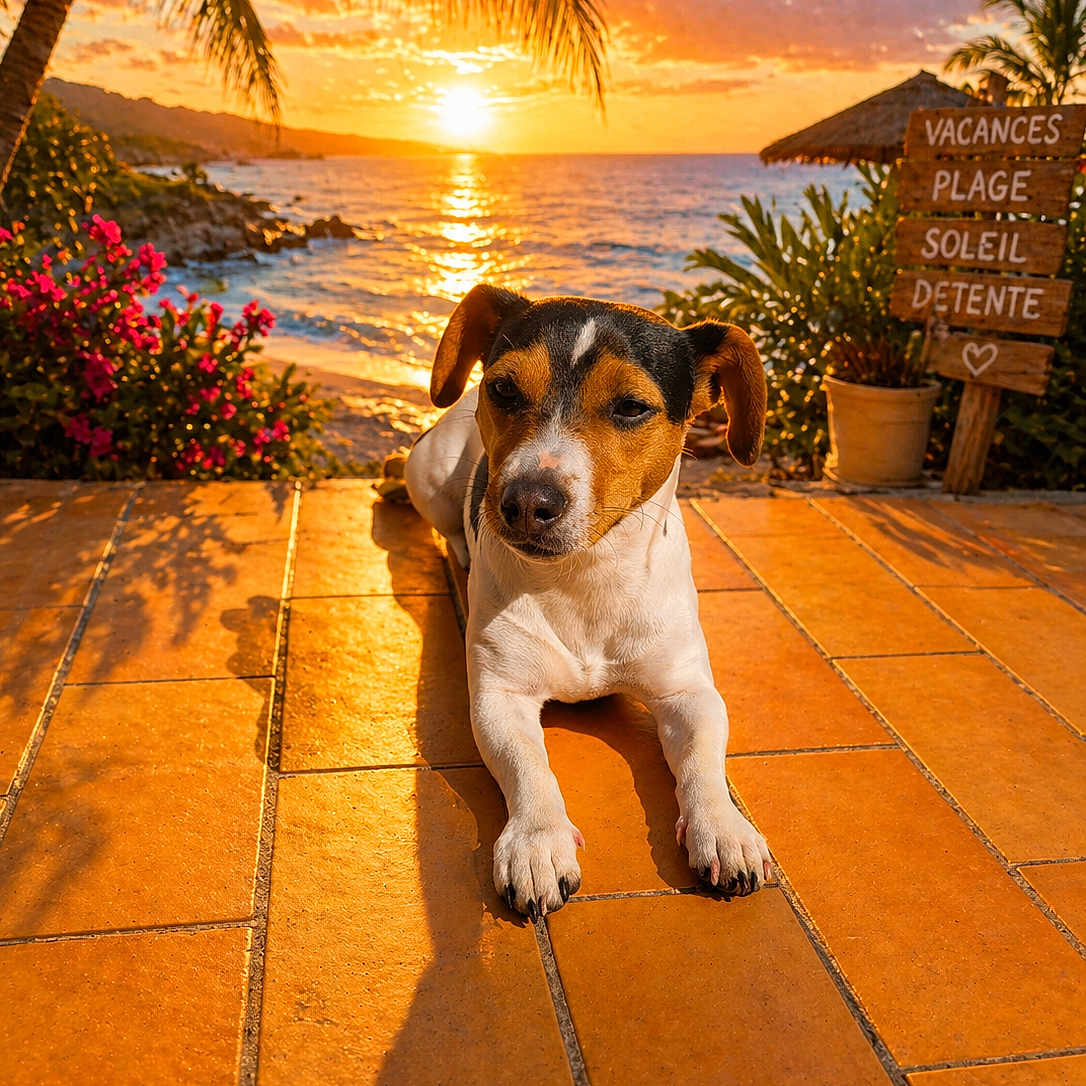 Aya a rejoint le concours — aidez-le/la à gagner de superbes lots ! dog, puppy, pet, animal, lying_down, portrait, outdoor, beach, sunset, ocean, seaside, tropical, palm_tree, terracotta_tiles, vacation, holiday, flowers, sign, scenic, golden_hour