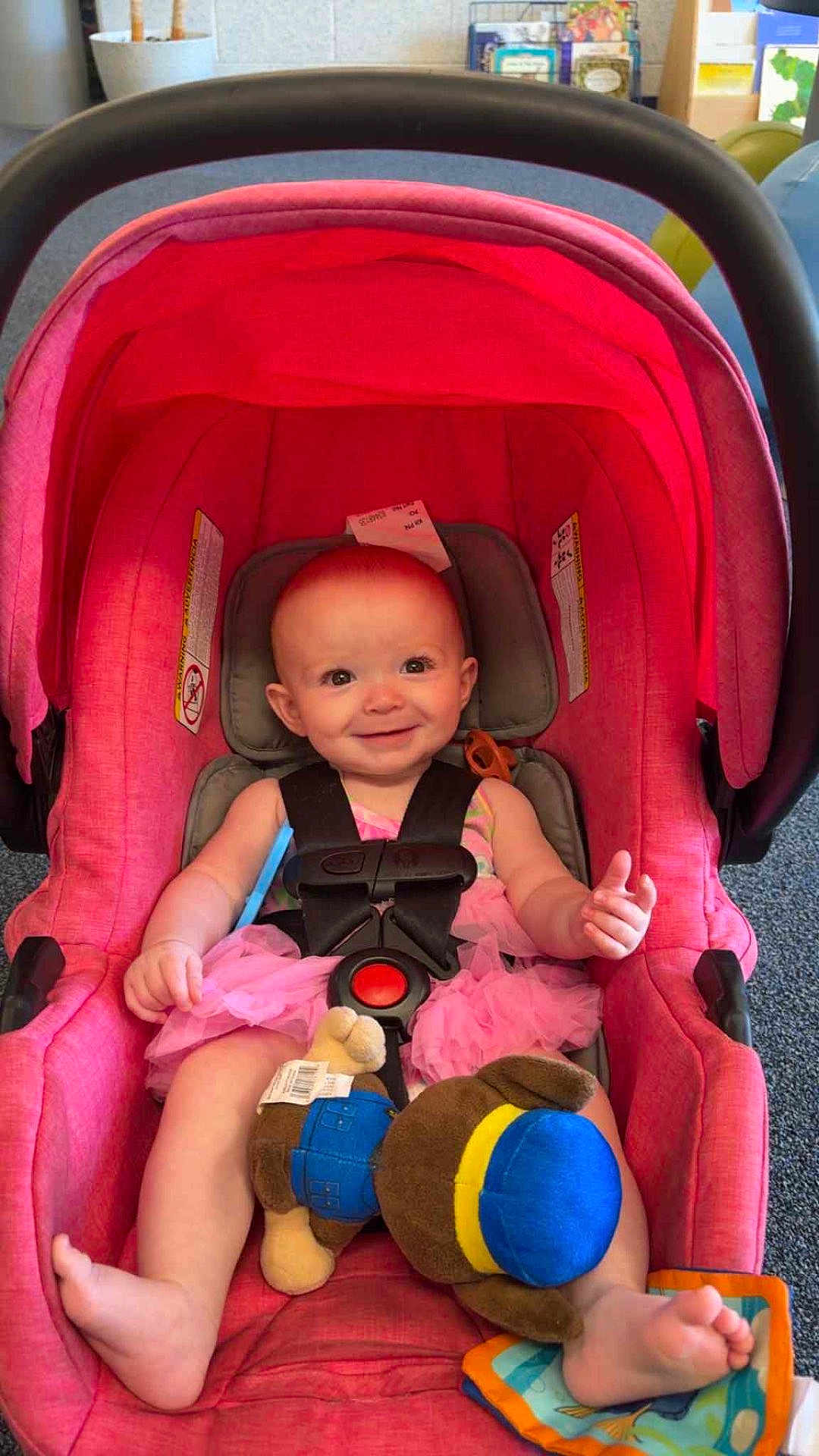 Addalynn Elizabeth is registered to the contest to win money with this photo: baby, barefoot, car_seat, child, child_safety, cute, dress, face, floor, happy, head, indoor, infant, person, pink_car_seat, plush_toy, seat_belt, smiling, toy, young_child