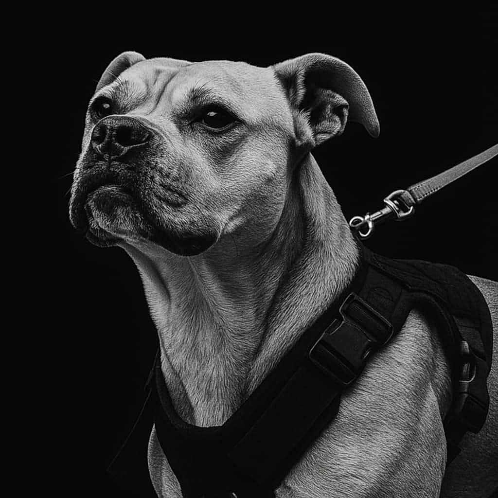 Dragone a rejoint le concours — aidez-le/la à gagner de superbes lots ! animal, background, black_and_white, canine, close_up, dog, domestic_animal, ears, expression, fur, harness, isolated, leash, looking_away, muscular, muzzle, pet, portrait, side_view, studio