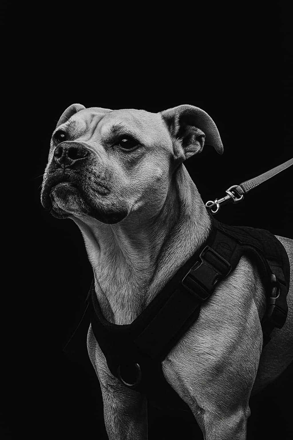 Dragone a rejoint le concours — aidez-le/la à gagner de superbes lots ! dog, canine, pet, black_and_white, portrait, harness, leash, close_up, studio, muscular, animal, domestic_animal, muzzle, ears, fur, expression, looking_away, side_view, isolated, background