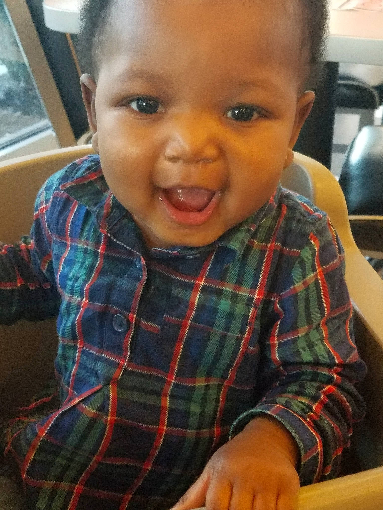 Kelsie is registered to the contest to win money with this photo: baby, cheek, child, chin, design, face, facial_expression, forehead, head, lip, mouth, nose, pattern, person, plaid, skin, smile, tartan, toddler, tooth