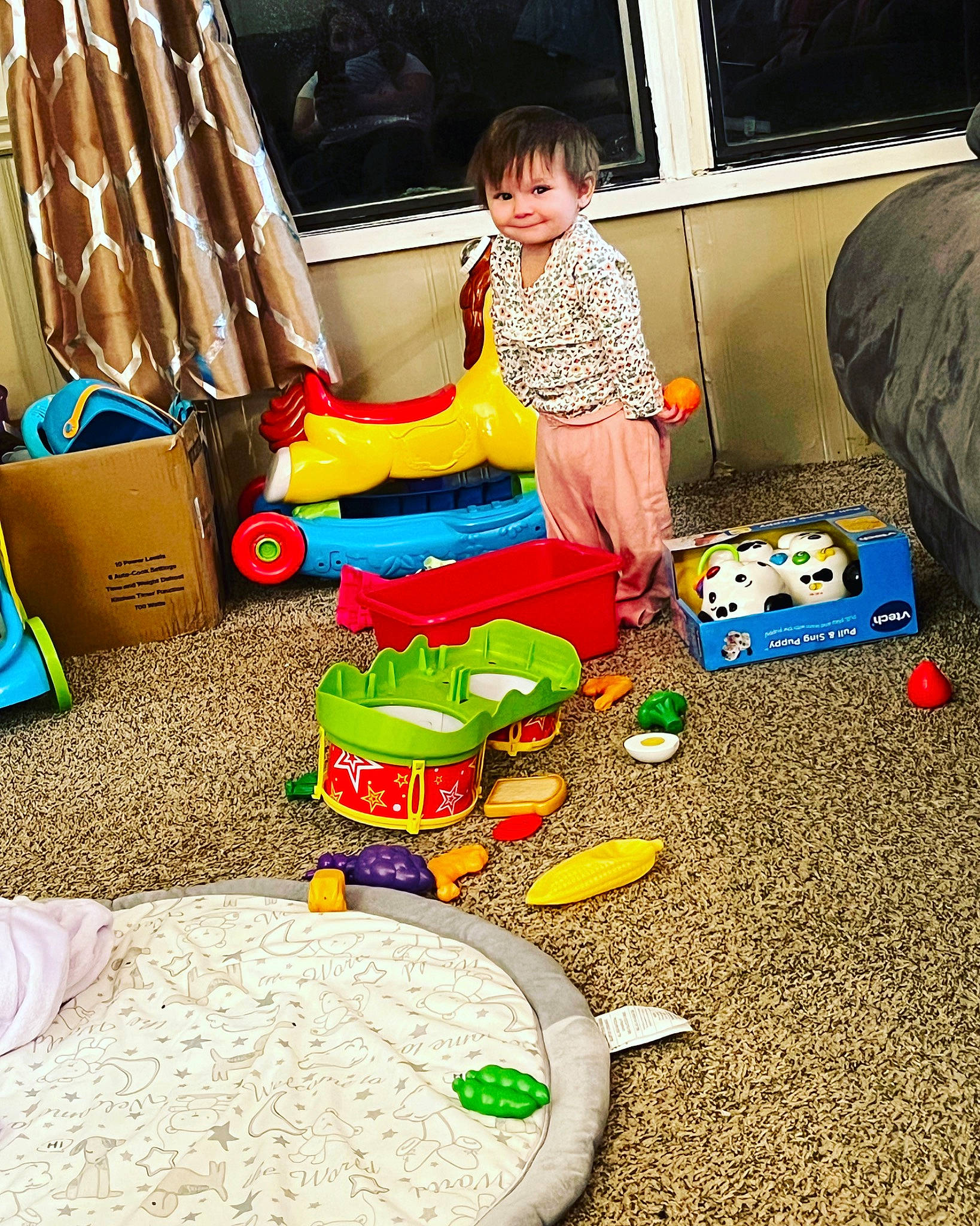 Chloe is registered to the contest to win money with this photo: baby_toys, bag, box, child, couch, event, flooring, fun, games, holiday, joy, living_room, person, play, recreation, room, sharing, sitting, television, toddler