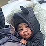 Malyk is registered to the contest to win money with this photo: baby, child, face, hood, jacket, black_clothing, blanket, cold_weather, winter, bundle_up, outdoor, expression, cute, warm_clothing, hat, knit_cap, puffy_jacket, person, infant, closeup