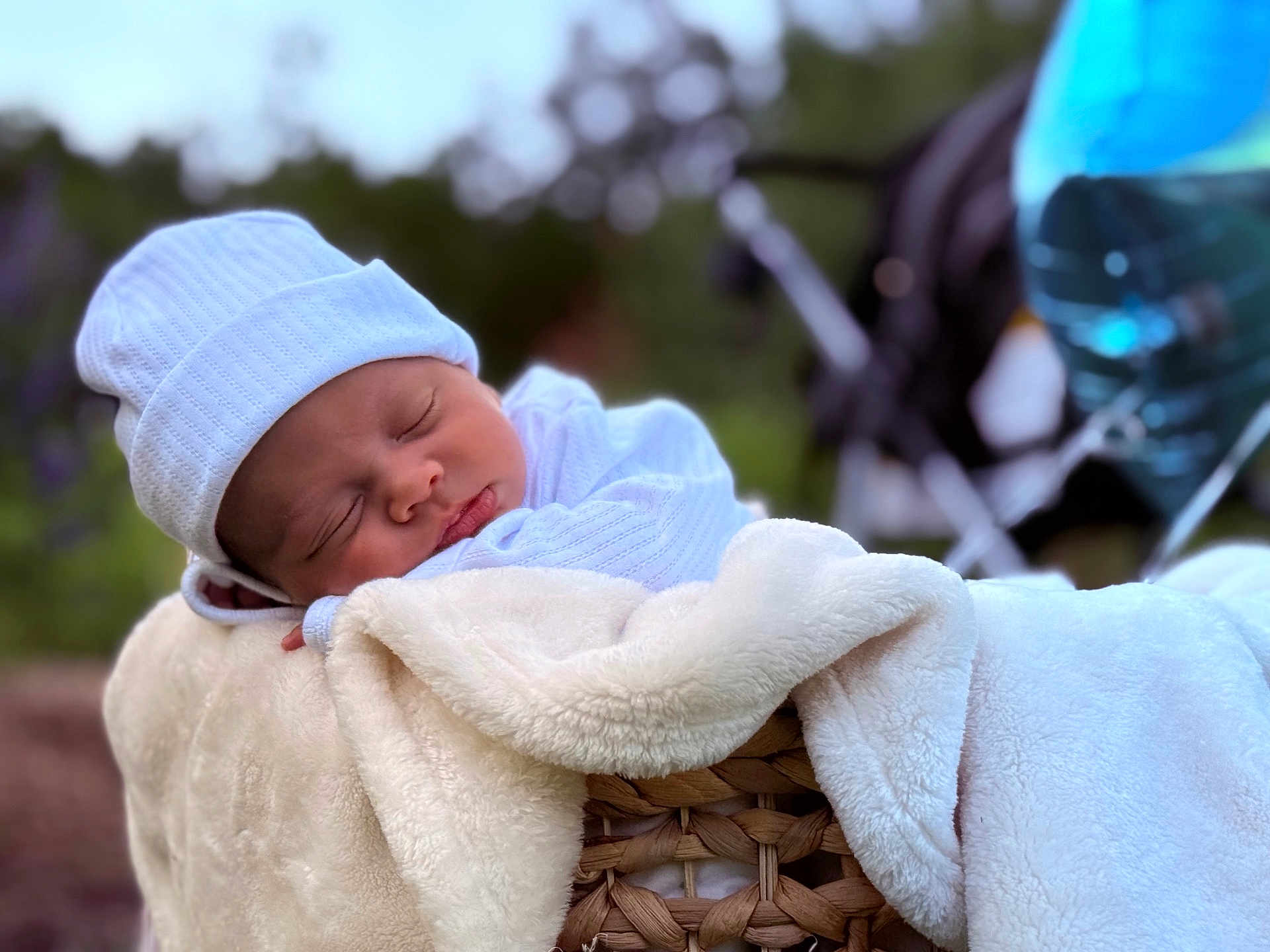 Liam joined the competition — help win amazing prizes! baby, newborn, sleeping, hat, blanket, basket, outdoor, nature, soft_texture, cozy, infant, peaceful, portrait, child, resting, warm_clothing, closeup, blurred_background, stroller, fresh_air