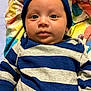 Liam joined the competition — help win amazing prizes! baby, infant, face, blue_hat, striped_clothing, blanket, colorful, lying_down, portrait, cute, young_child, child, apparel, headwear, skin, human, indoors, closeup, expression, eyes