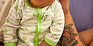 Liam is registered to the contest to win money with this photo: baby, smiling, infant, onesie, green, white, tattoo, arm, hand, person, cute, happy, closeup, face, skin, child, comfort, indoor, family, love