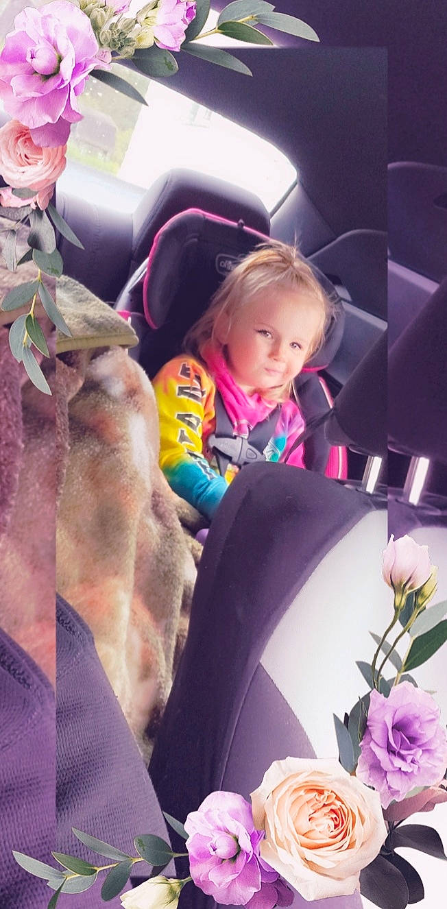 Mckenna is registered to the contest to win money with this photo: child, cool, facial_expression, fashion, flower, fun, hairstyle, happy, human, interaction, leaf, morning, person, petal, photograph, pink, plant, textile, toddler, vertebrate