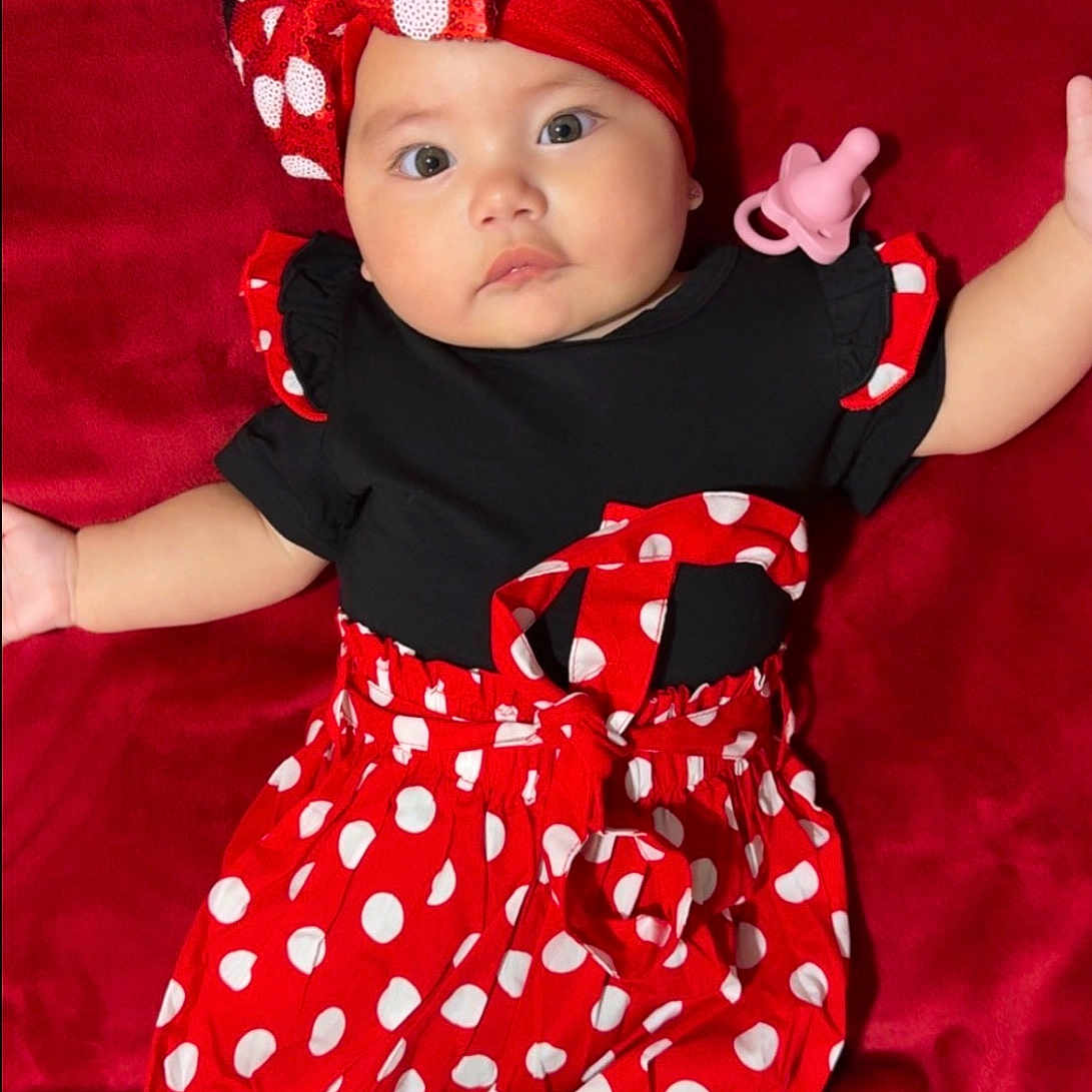 Emylianna joined the competition — help win amazing prizes! baby, infant, red_clothing, polka_dots, headband, pacifier, black_shirt, white_socks, lying_down, cute, child, portrait, soft_blanket, adorable, baby_fashion, baby_accessories, red_background, smiling, small_ears, child_fashion