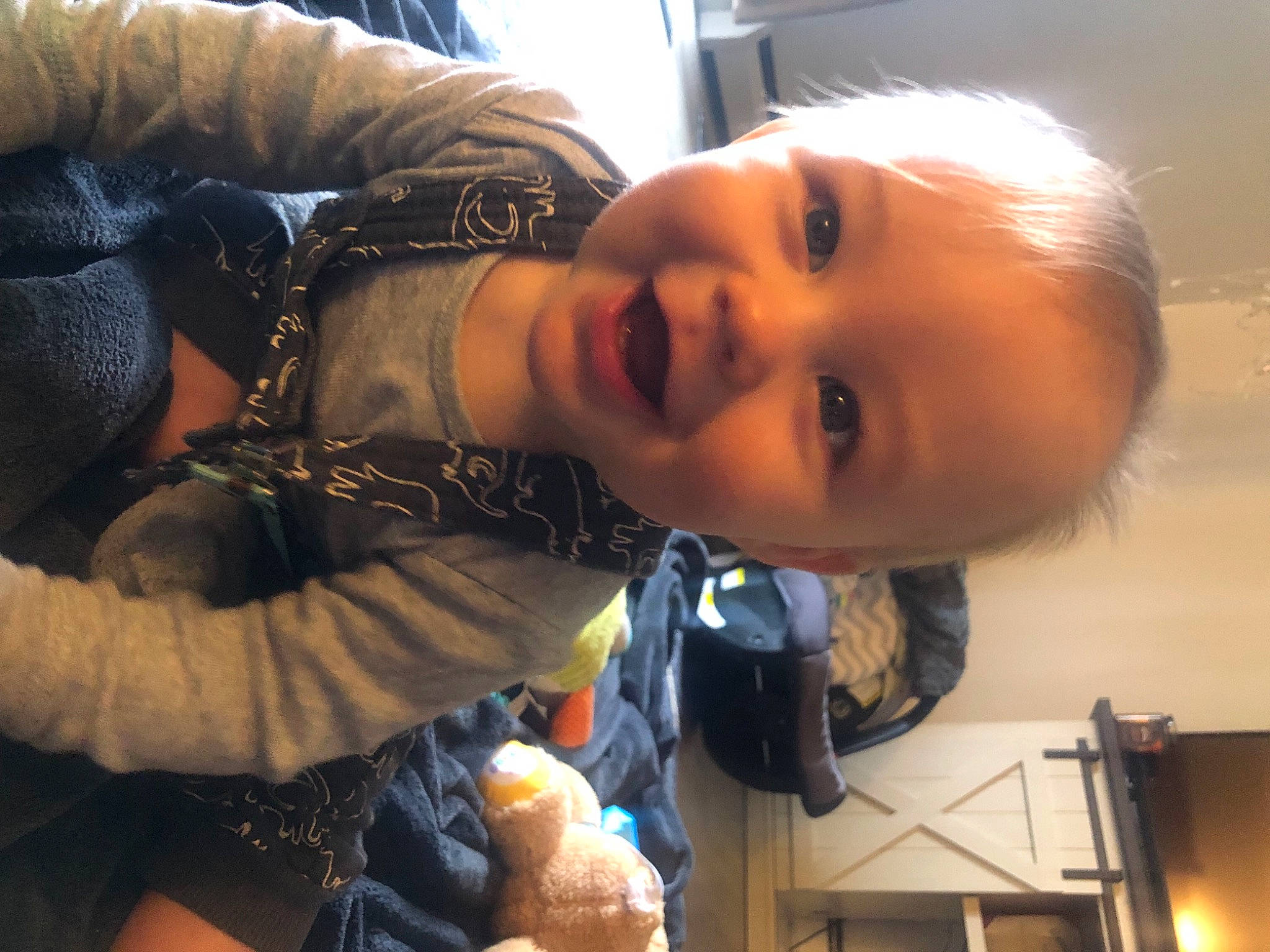 Grayson joined the competition — help win amazing prizes! cheek, child, comfort, ear, eyebrow, eyelash, fun, happy, iris, jaw, lip, long_hair, mouth, neck, nose, person, skin, smile, stuffed_toy, toddler