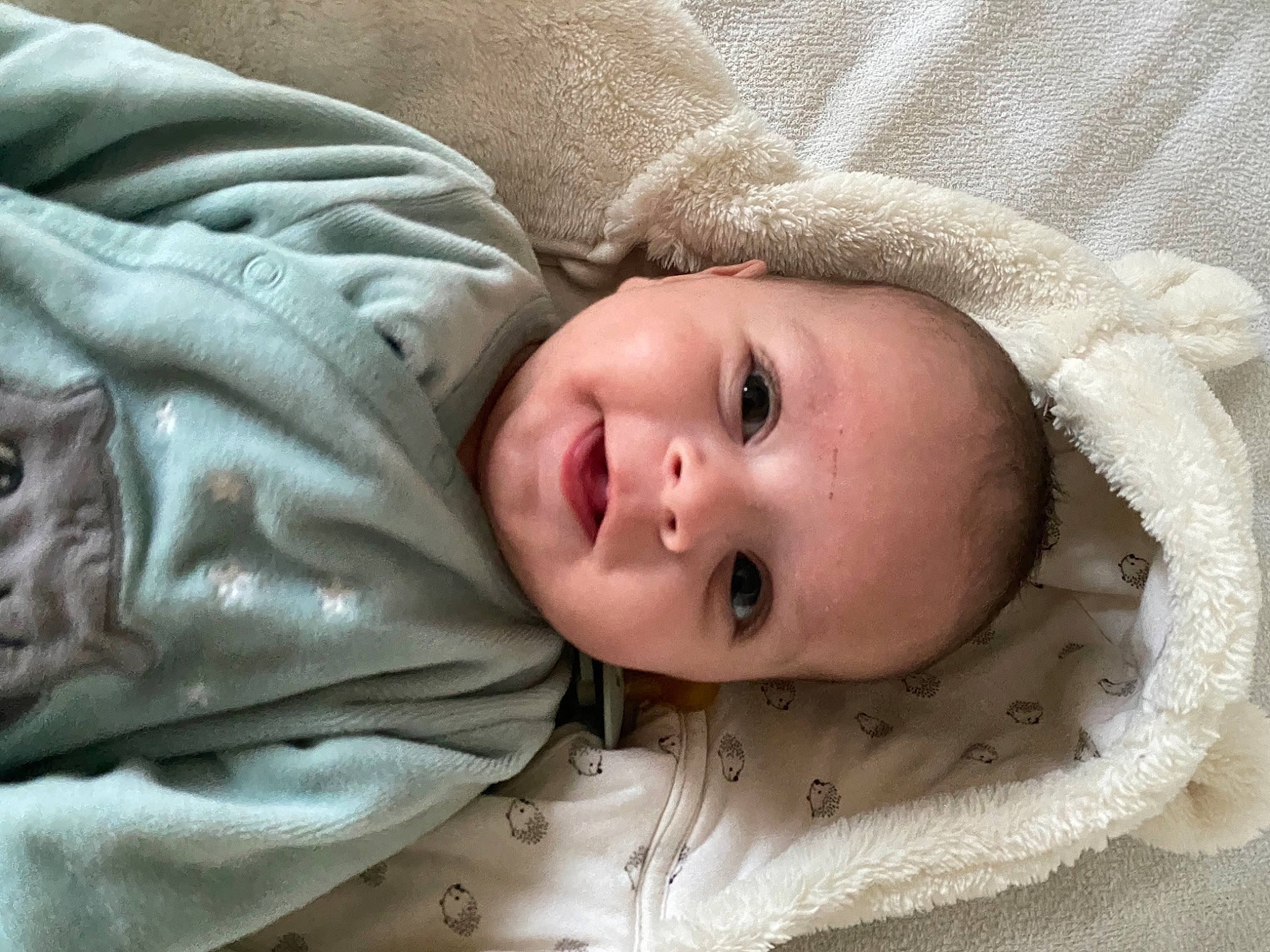 Alessio participe au concours pour gagner de l'argent avec cette photo : baby, baby_toddler_clothing, beige, cheek, child, close_up, comfort, eyebrow, hood, iris, linens, lip, nose, organ, person, photography, skin, textile, toddler