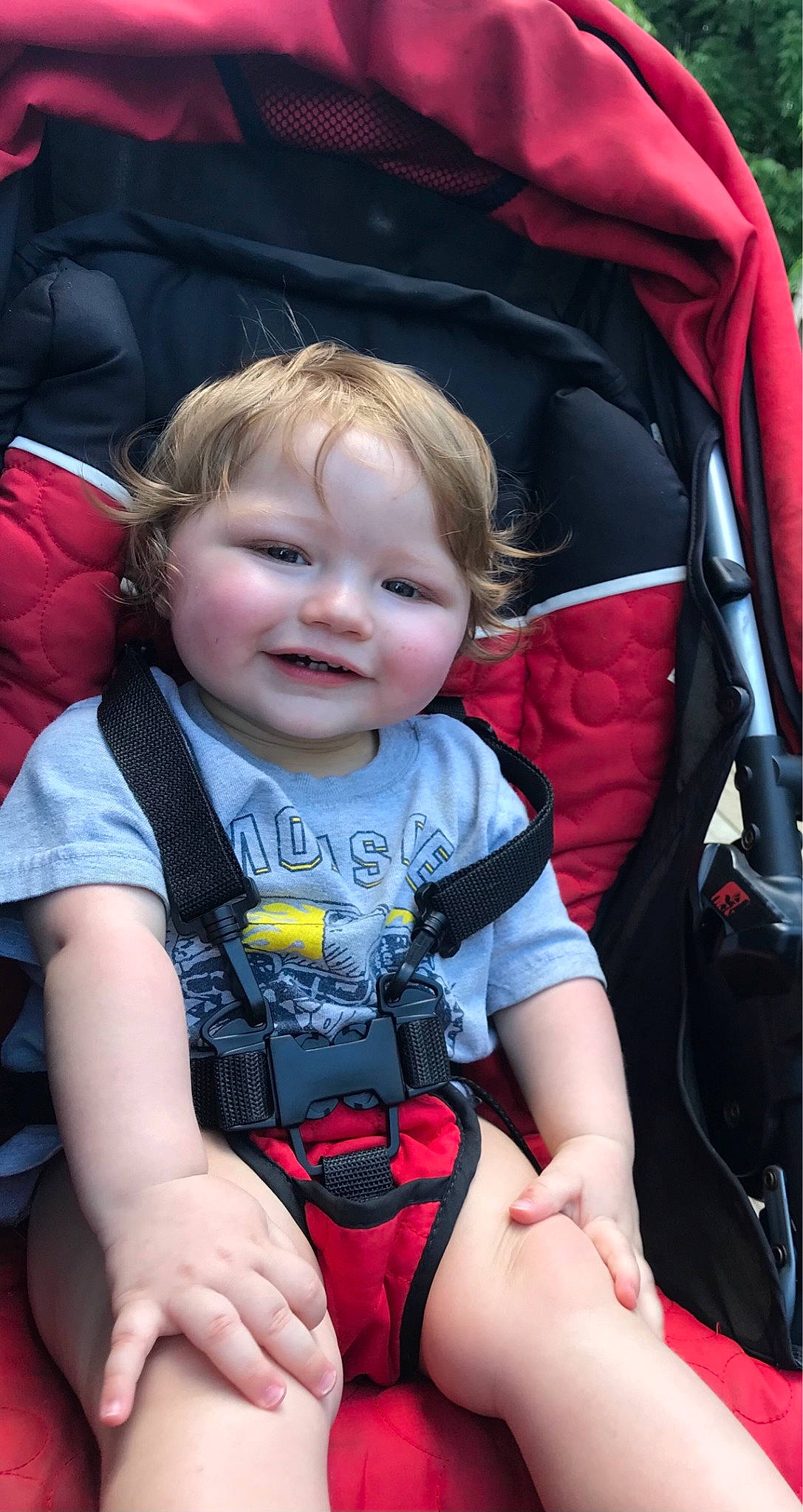 Jason is registered to the contest to win money with this photo: auto_part, baby, baby_carriage, baby_products, baby_toddler_clothing, black, cheek, child, comfort, fun, grass, happy, lap, leg, person, photograph, red, smile, thigh, toddler