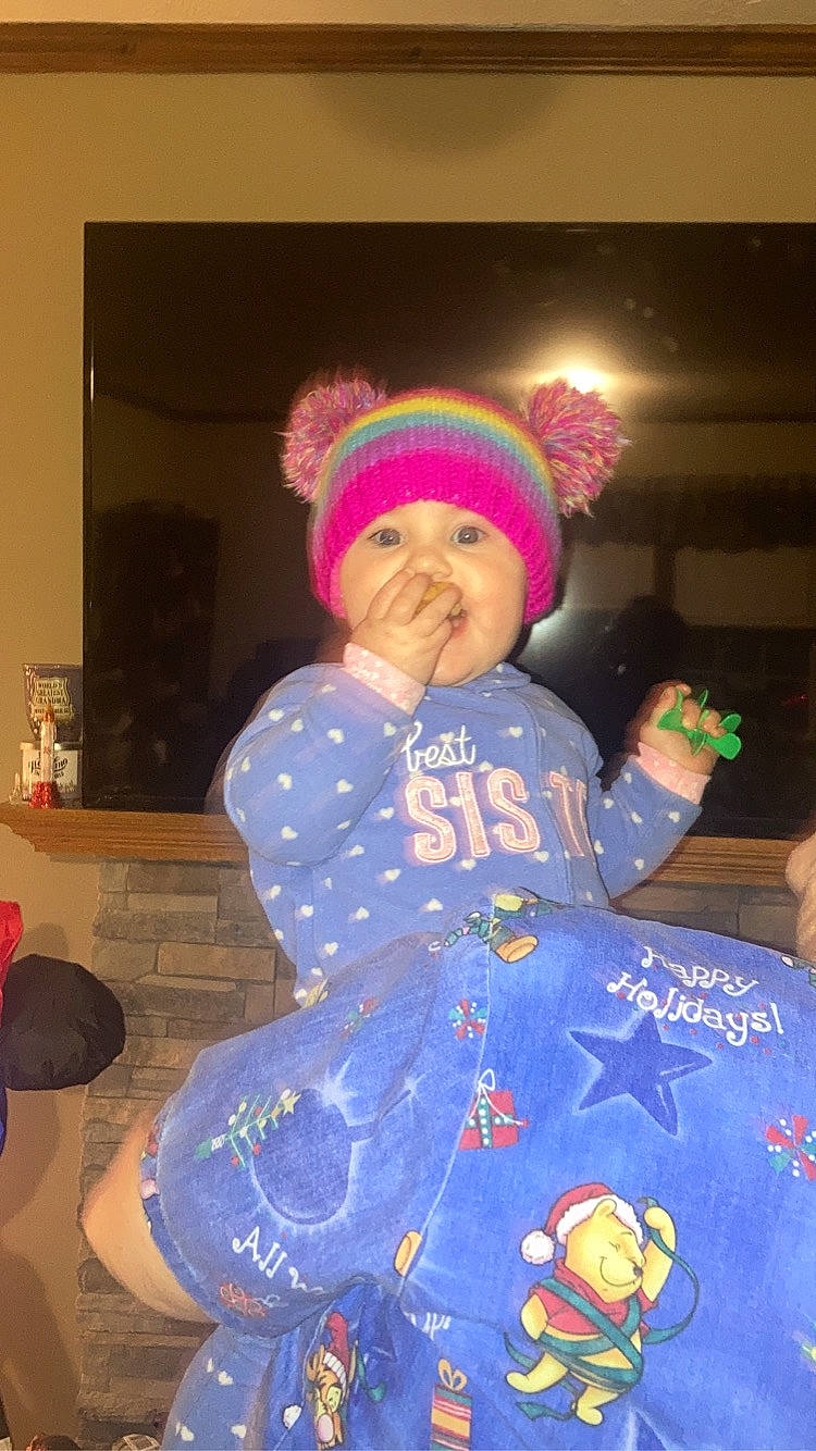 Stella Rose joined the competition — help win amazing prizes! baby_toddler_clothing, cap, child, christmas, christmas_eve, costume, costume_hat, electric_blue, event, fictional_character, fun, fur, happy, headwear, holiday, human_body, magenta, person, pink, smile