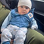 Lorenzo joined the competition — help win amazing prizes! baby, child, infant, hat, blue_jacket, patterned_pants, person, car_interior, seated, clothing, cute, eyes, face, sitting, lap, cozy, warm, striped_hat, casual, indoor
