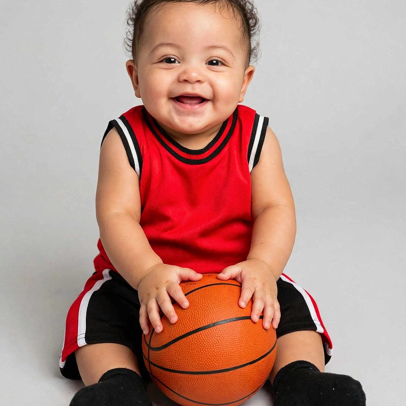 Samuel joined the competition — help win amazing prizes! baby, child, basketball, smiling, sitting, red_clothing, black_clothing, sport, cute, happy, indoor, studio, portrait, infant, hands, feet, isolated, background, playful, young