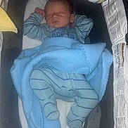 Eric is registered to the contest to win money with this photo: baby, sleeping, bassinet, blanket, blue, pajamas, newborn, infant, toy, bunny, clothing, fabric, soft, cozy, rest, peaceful, cute, child, indoor, nursery