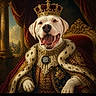 animal, canine, costume, crown, decor, dog, fabric, fur, gold, happy, historical_style, indoor, king, luxury, portrait, red, regal, royal_clothing, smiling, throne