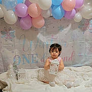 Roxanna is registered to the contest to win money with this photo: balloons, blanket, blue, celebration, child, cute, decoration, dress, festive, holiday, indoor, lantern, pink, portrait, silver, sitting, snowflakes, toddler, white, winter