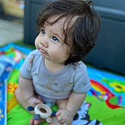 Aaron participe au concours pour gagner de l'argent avec cette photo : baby, blue_eyes, child, close_up, colorful, curious, cute, dark_hair, feet, hands, infant, messy_shirt, outdoor, play_mat, portrait, red_car, sitting, toddler, toy, wooden_toy
