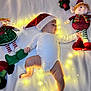 Amélie participe au concours pour gagner de l'argent avec cette photo : baby, infant, christmas, holiday, santa_hat, onesie, fairy_lights, elf_dolls, toy, blanket, festive, cute, lying_down, indoors, warm_light, decor, child, christmas_tree, red, green