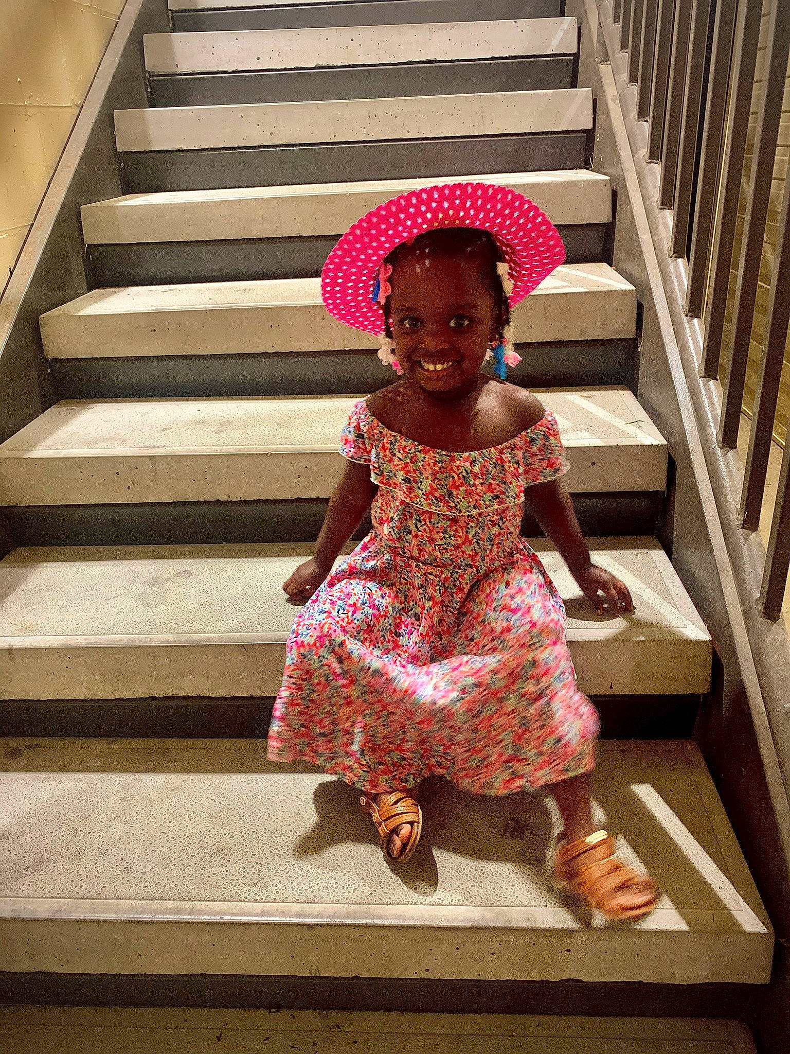 Annah joined the competition — help win amazing prizes! baby_toddler_clothing, fashion, fun, happy, hat, human_leg, joy, leg, leisure, line, magenta, pattern, person, pink, smile, stairs, standing, sun_hat, thigh, tints_and_shades
