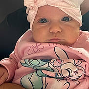 Ajlin participe au concours pour gagner de l'argent avec cette photo : baby, infant, child, pink_bow, hat, pink_shirt, cartoon_print, hand, face, eyes, clothing, portrait, cute, closeup, baby_fashion, skin, indoors, person, headwear, soft_lighting