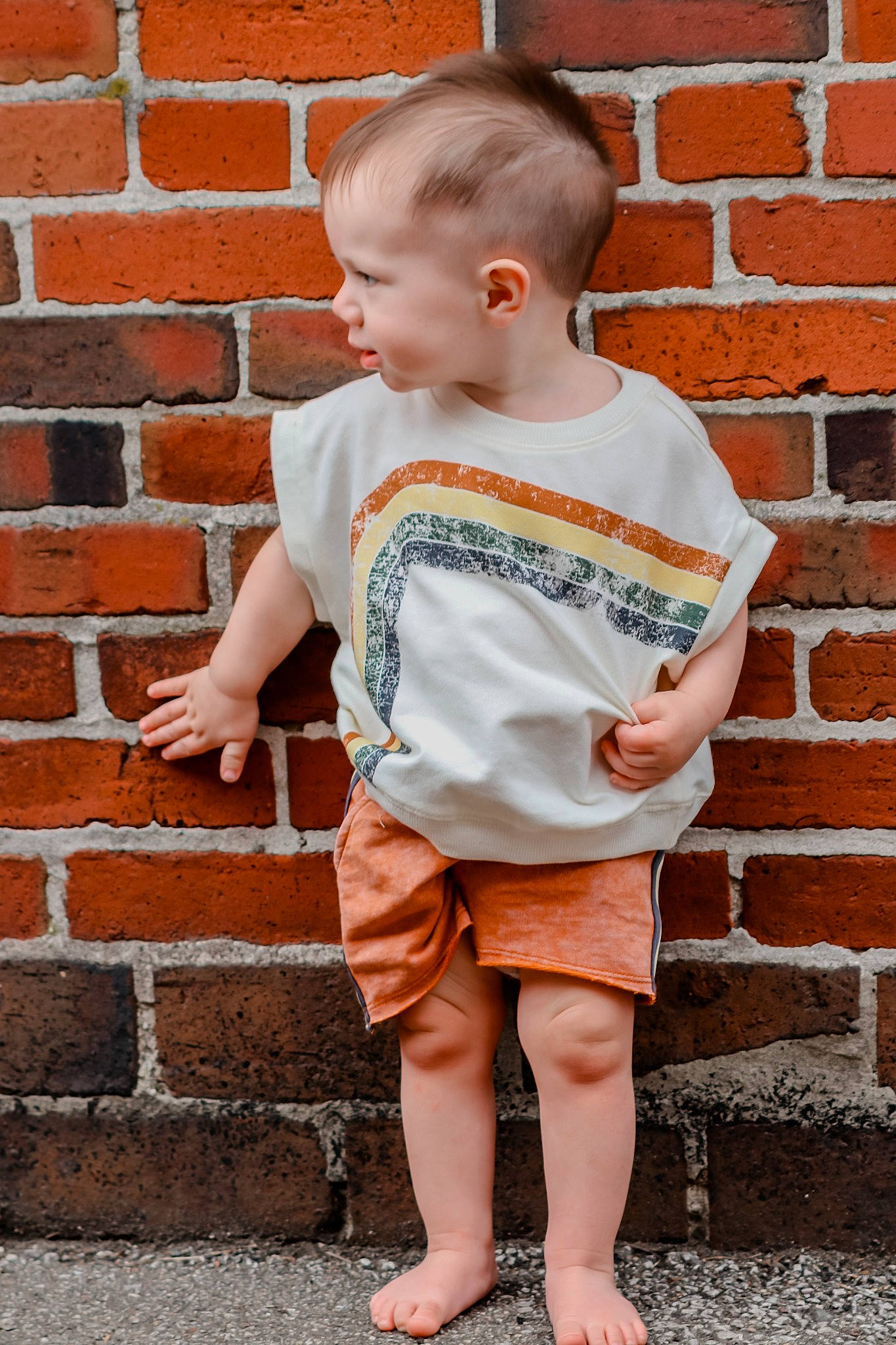 Maverick joined the competition — help win amazing prizes! baby_toddler_clothing, barefoot, beauty, brick, brickwork, child, happy, human_leg, joint, leg, neck, orange, pattern, person, pink, shoulder, sleeve, standing, t_shirt, toddler