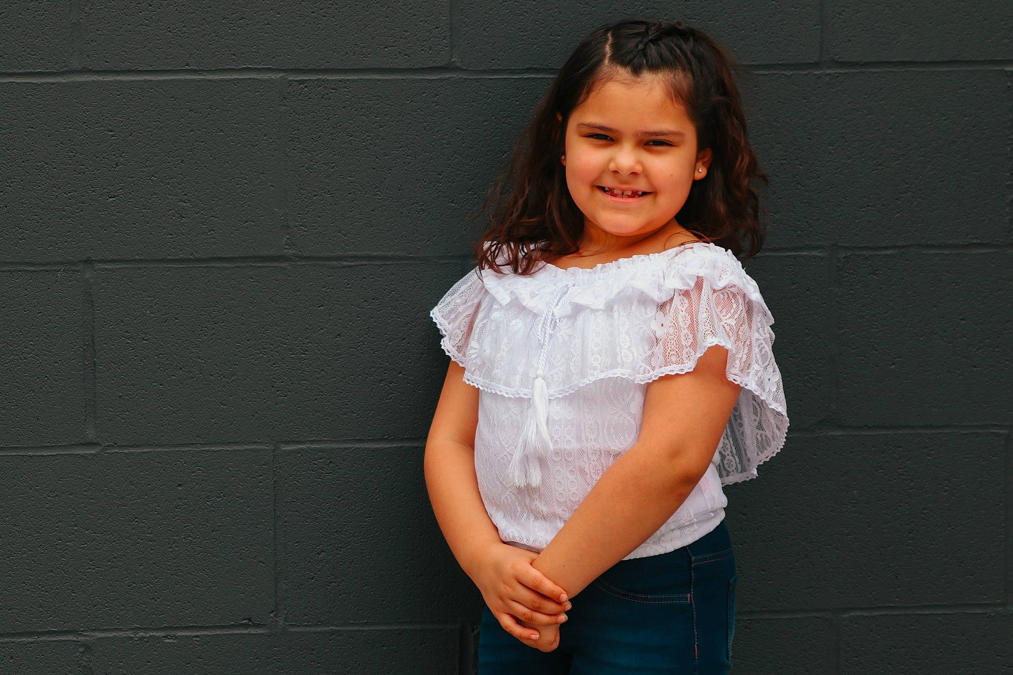 Mackenna joined the competition — help win amazing prizes! arm, child, chin, clothing, elbow, facial_expression, flash_photography, gesture, hair, happy, human_leg, joy, knee, long_hair, neck, person, sleeve, smile, t_shirt, thigh