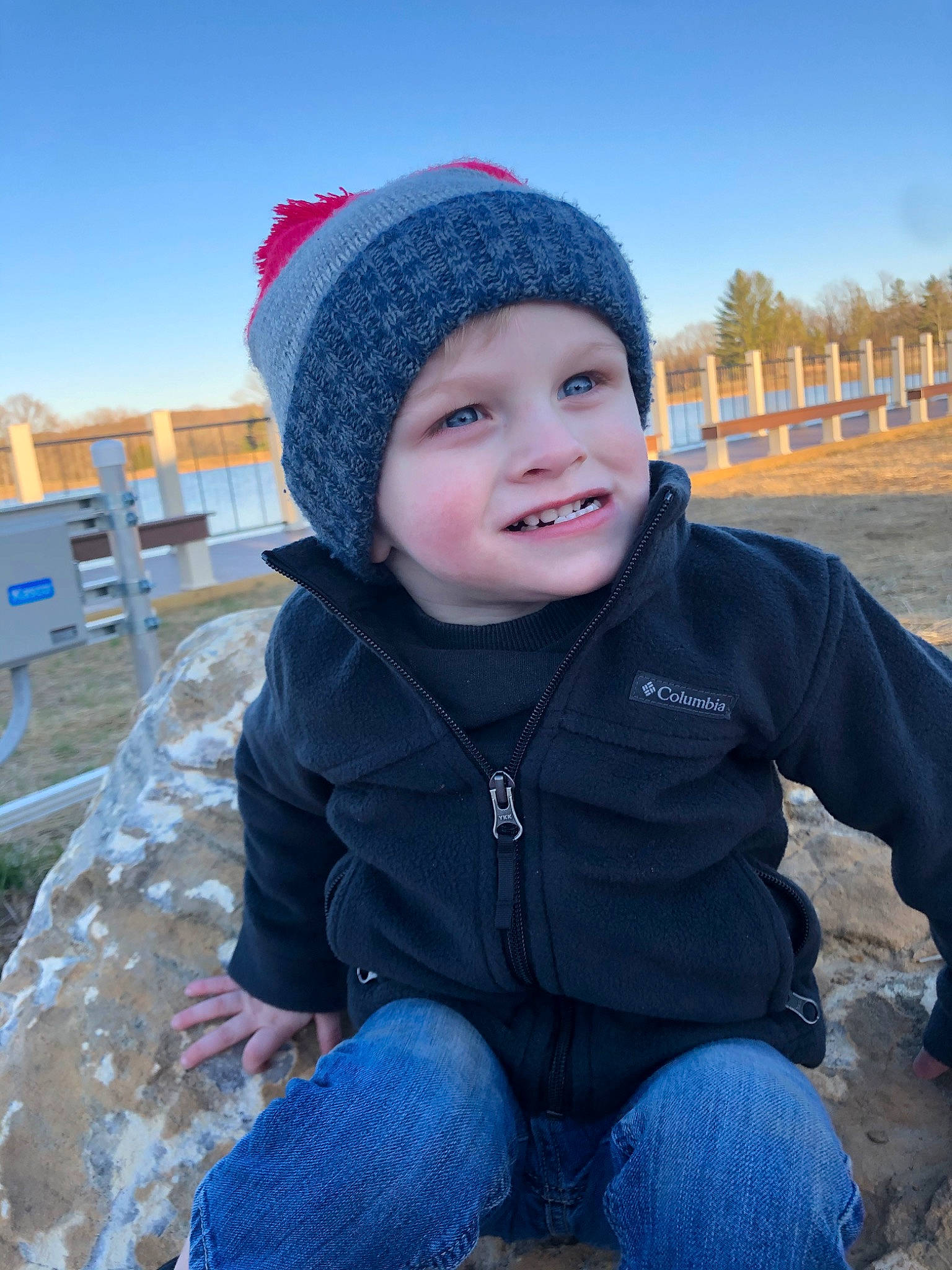 Camden joined the competition — help win amazing prizes! beanie, blue, bonnet, cap, cheek, child, cloud, cool, eye, face, freezing, head, headgear, headwear, joy, knit_cap, people, person, sky, smile