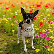 Chalupa joined the competition — help win amazing prizes! alert, animal, bandana, closeup, colorful, cute, dog, flower, grass, greenery, meadow, nature, outdoor, pet, portrait, small_dog, spring, standing, sunlight, wildflower