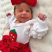 Théliance participe au concours pour gagner de l'argent avec cette photo : baby, infant, newborn, bow, red_bow, headband, winking, tongue_out, smiling, white_blanket, cozy_blanket, red_skirt, strawberry_patch, ruffled_sleeves, lying_down, closeup, tiny_hands, soft_texture, portrait, cute