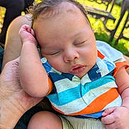 Zaylen joined the competition — help win amazing prizes! baby, blurred_background, casual_clothing, child, closeup, cute, fence, garden, hand, infant, outdoor, peaceful, person, portrait, relaxing, shorts, skin, sleeping, striped_shirt, summer