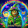 cat, illustration, wizard, fantasy, magic, flowers, butterflies, rainbow, stars, green_cloak, nature, fantastical, animal_costume, glowing, colorful, fantasy_art, leafy_hat, staff, night_sky, text_overlay