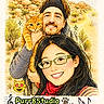 illustration, couple, cat, smiling, glasses, headband, desert, rocks, trees, scenic, doodles, text, musical_notes, colorful, friendly, artistic, portrait, nature, happy, whimsical