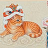 Master Jericho joined the competition — help win amazing prizes! painting, cat, orange_tabby, lion_dance_headpiece, cloud, flower, vase, hand, artwork, traditional, decorative, serene, detailed, illustration, fluffy, pink_flower, ornate, resting_cat, asian_art, calm