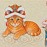 illustration, cat, ginger_cat, cloud, flower, vase, hand, traditional_hat, ornamental, decorative, artwork, painting, calm, peaceful, detailed, cultural, pattern, animal, portrait, whimsical
