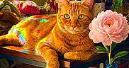 Master Jericho is registered to the contest to win money with this photo: cat, orange_tabby, flower, pink_flower, vase, table, rainbow_light, indoor, decor, glass_vase, pet, feline, relaxing, cozy, window_light, plant, still_life, household_items, curiosities, colorful