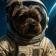 Moka participe au concours pour gagner de l'argent avec cette photo : dog, astronaut, space, helmet, spacesuit, earth, stars, cosmos, animal, portrait, cute, fur, outer_space, science, exploration, technology, adventure, space_suit, helmet_glass, space_mission