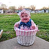 baby, basket, outdoor, grass, smiling, headband, denim, overalls, pink, white, wicker, concrete, happy, child, spring, nature, cute, person, portrait, small