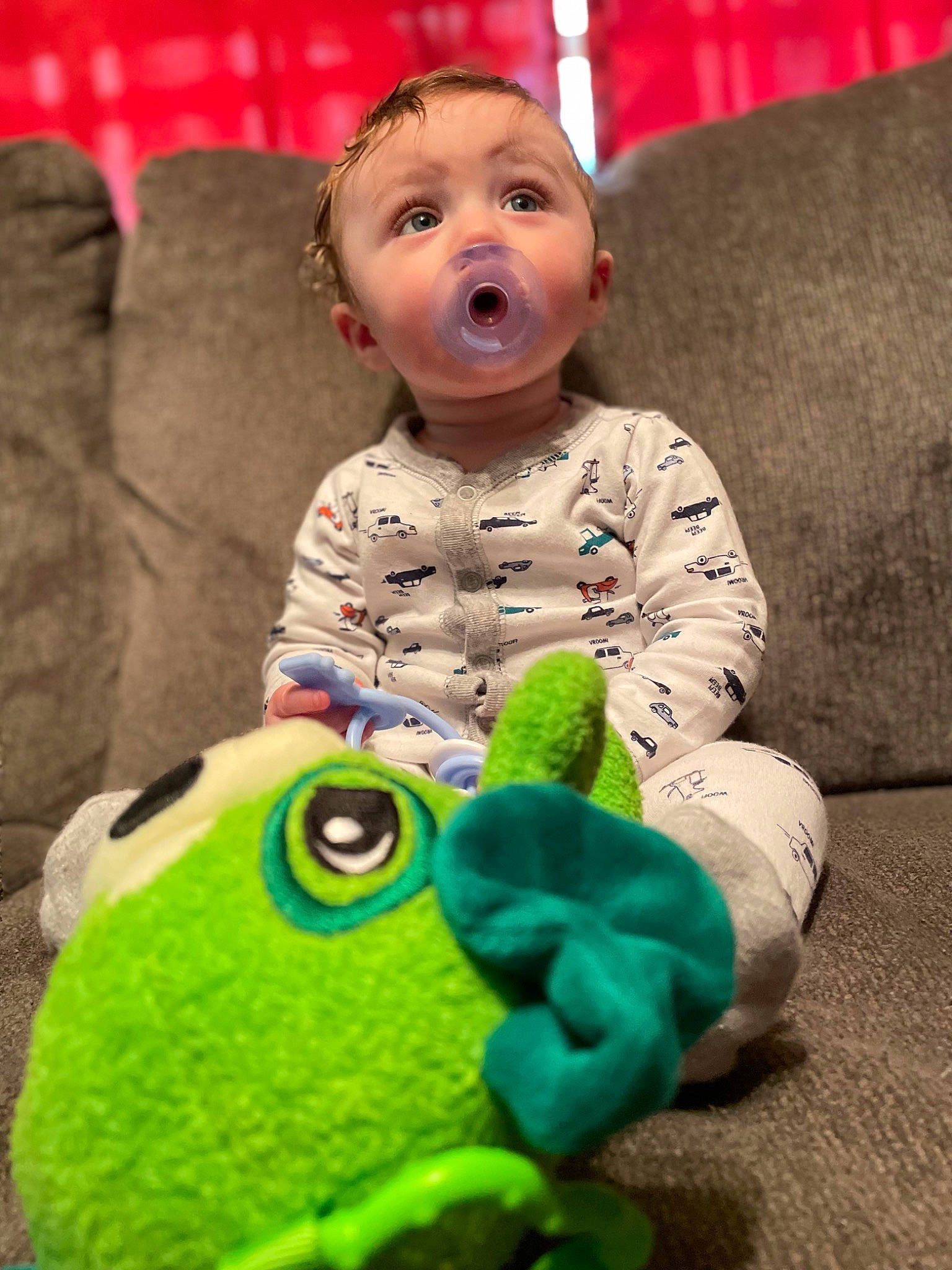 Brayden joined the competition — help win amazing prizes! baby, baby_playing_with_toys, baby_products, baby_toddler_clothing, baby_toys, cheek, child, comfort, couch, fun, green, happy, person, play, sitting, skin, sleeve, smile, surprise, textile