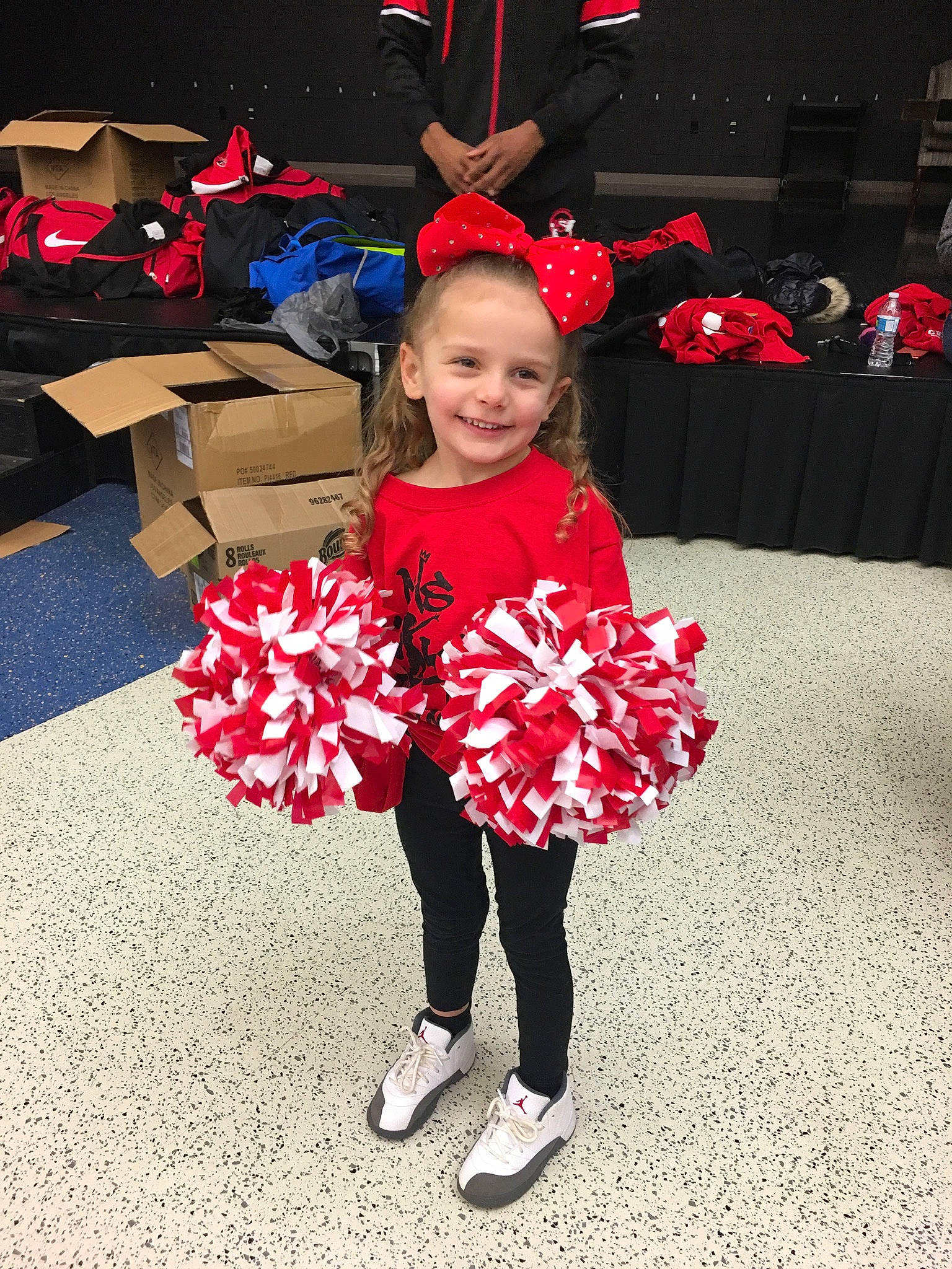 Kailee joined the competition — help win amazing prizes! cheering, cheerleading, cheerleading_uniform, child, clothing, costume, fun, joy, person, pom_pom, red, uniform