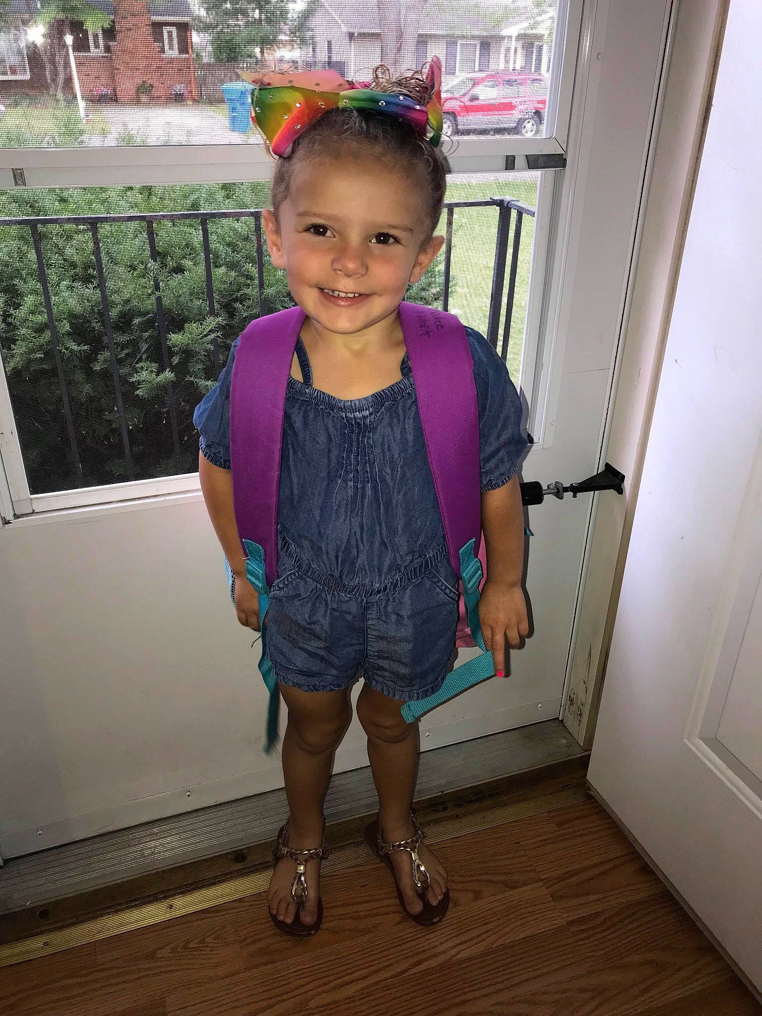 Kailee joined the competition — help win amazing prizes! child, clothing, cool, day, fun, girl, headgear, jeans, joy, magenta, outerwear, person, pink, product, purple, shorts, shoulder, skin, smile, standing