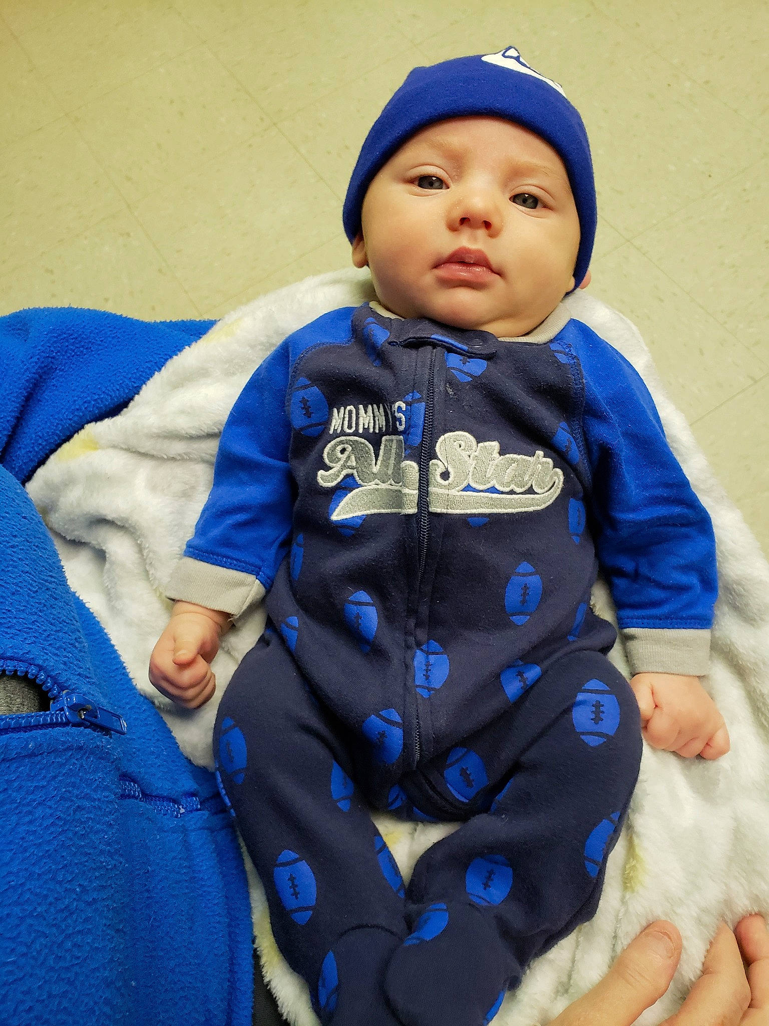 Kylar is registered to the contest to win money with this photo: baby, blue, child, outerwear, person, sleeve, toddler