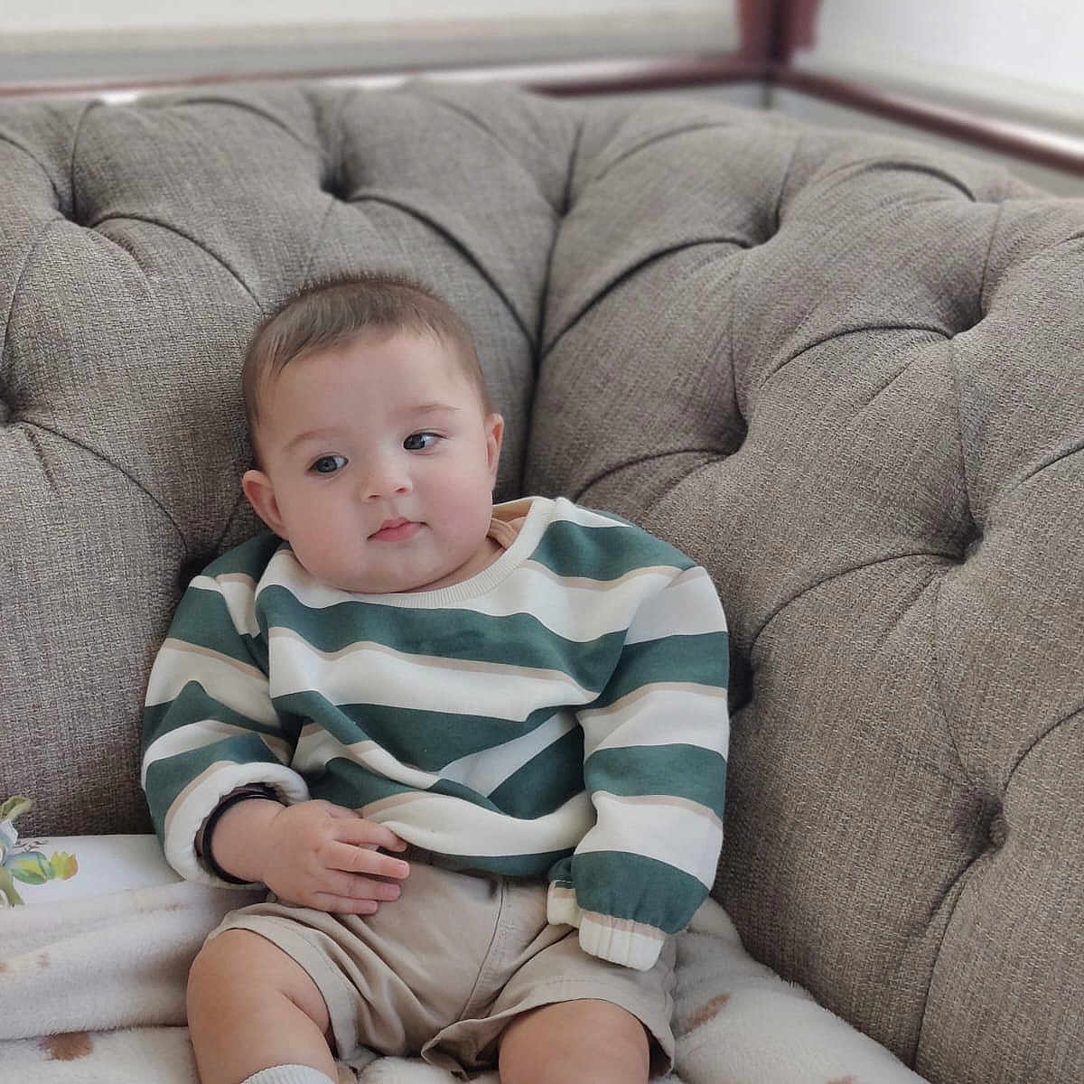 Shivraaz joined the competition — help win amazing prizes! baby, blanket, calm, casual_clothing, child, couch, curious, furniture, home, indoor, person, portrait, seated, shoes, shorts, socks, soft_texture, striped_sweater, tufted_couch, young_child