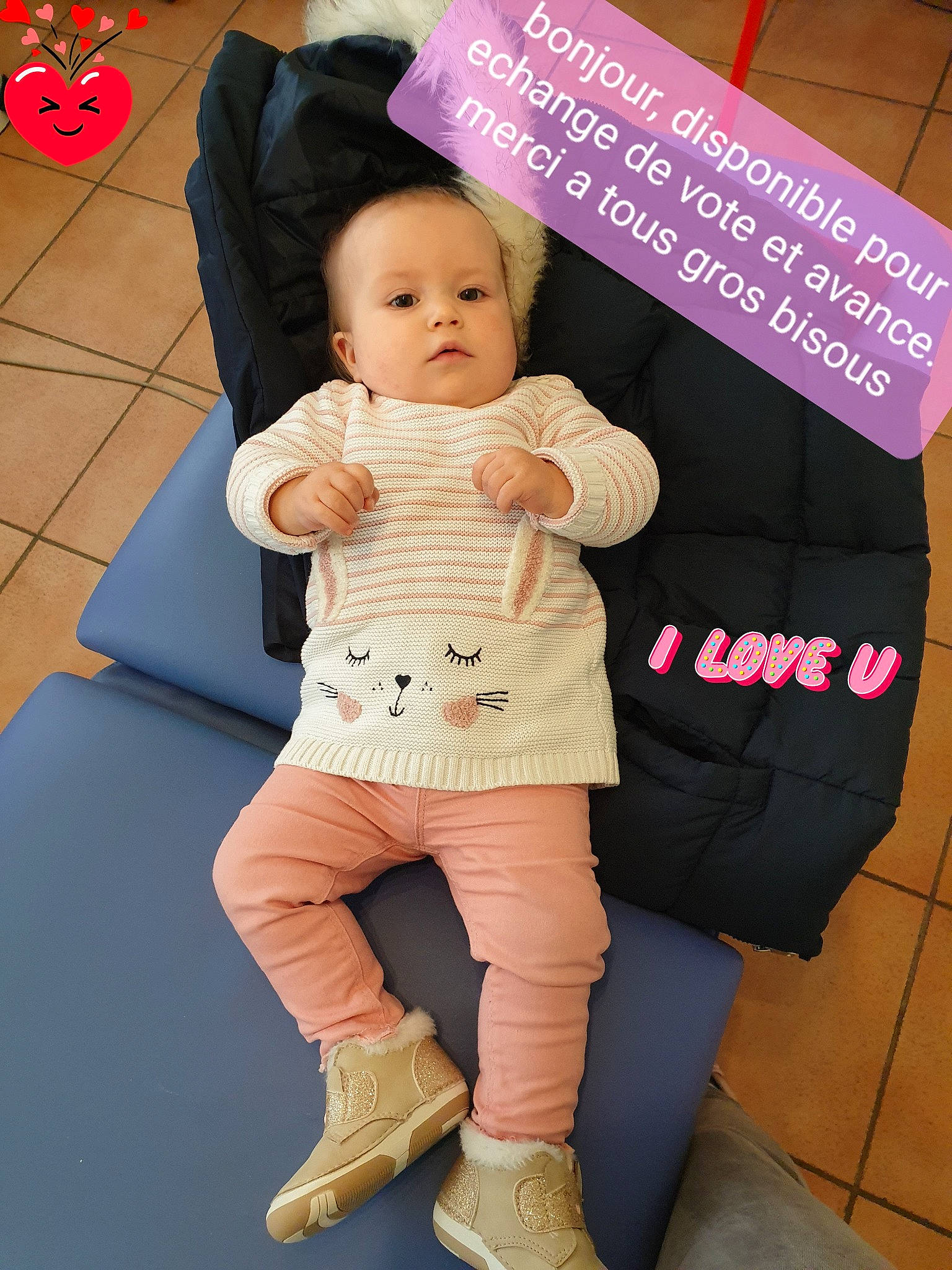 Rose participe au concours pour gagner de l'argent avec cette photo : baby, baby_toddler_clothing, child, fashion_accessory, flooring, formal_wear, gesture, happy, human_leg, joint, knee, leg, magenta, person, pink, shoe, sitting, sleeve, thigh, toddler