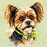 dog, shih_tzu, portrait, watercolor, illustration, long_hair, floppy_ears, brown_and_white, bow_tie, fruit_pattern, cute, adorable, animal, pet, close_up, artwork, paint_splashes, green_background, expressive_eyes, decorative