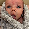 Anakin joined the competition — help win amazing prizes! baby, infant, face, eyes, tongue, towel, wrapped, cute, expression, skin, newborn, portrait, indoor, child, person, closeup, head, soft, texture, adorable